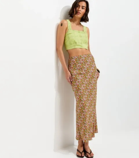 Women's Green Floral Print Midi Skirt