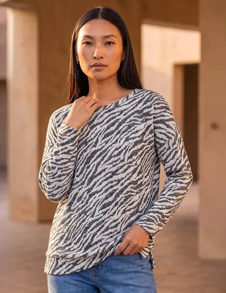 Roman Animal Print Collared Banded Hem Top Black Mix