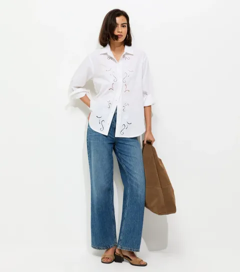 Women's White Embroidered Cut Out Long Sleeve Shirt