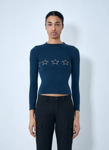Star Embroidered Ribbed Top