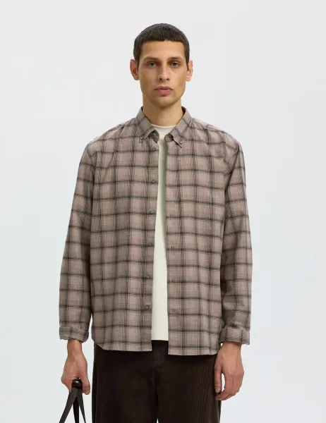 Selected Brushed Cotton Checked Shirt Beige Mix