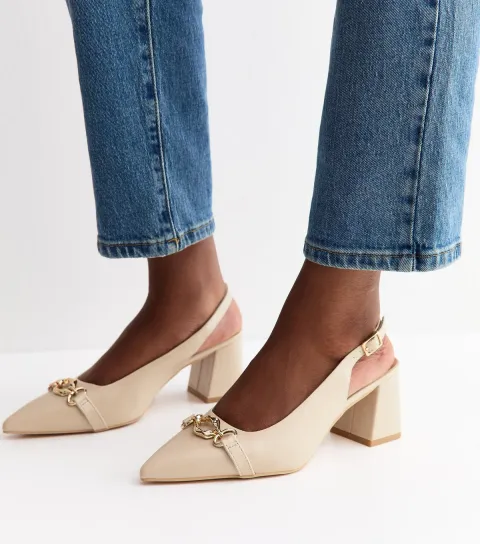 Women's Off White Faux Leather Chain Slingback Block Heels Vegan