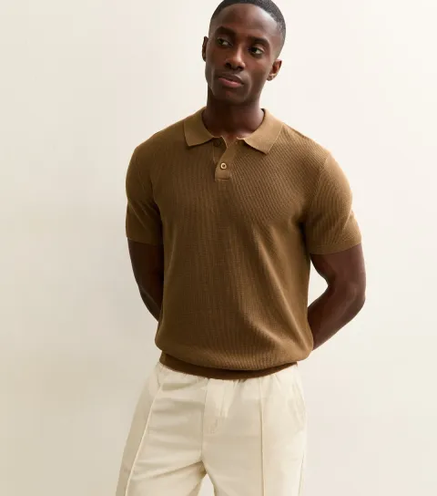 Men's Camel Regular Short Sleeve Textured Polo Top