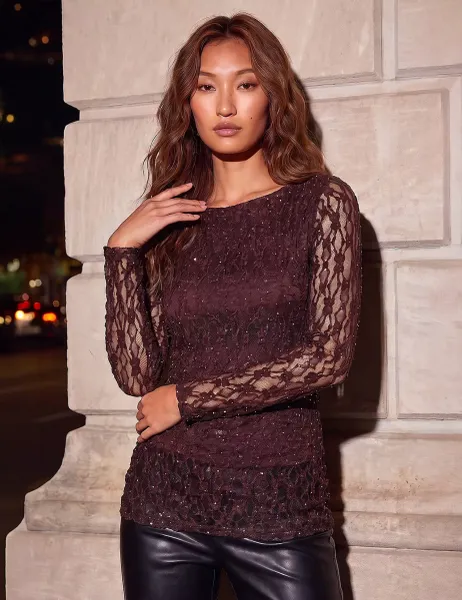 Roman Lace Ruched Top Dark Purple