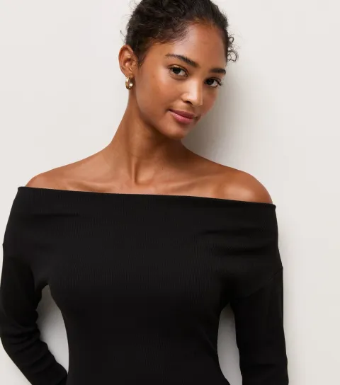 Women's Black Cotton Rich Long Sleeve Ribbed Bardot Top