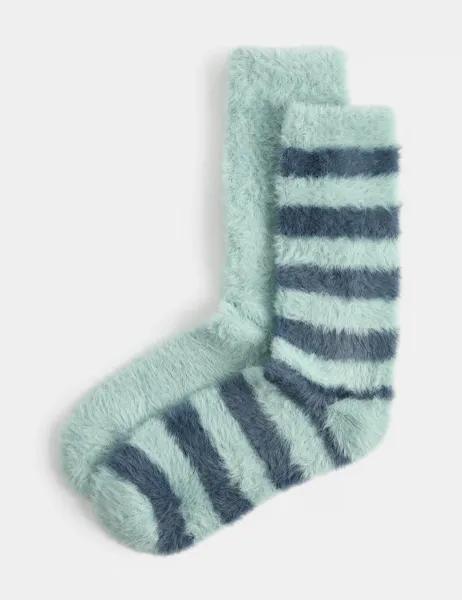Marks & Spencer 2 Pack Cosy Striped Fluffy Socks Blue Mix