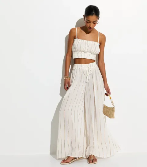 Women's White Striped Pattern Shirred Wide Leg Trousers
