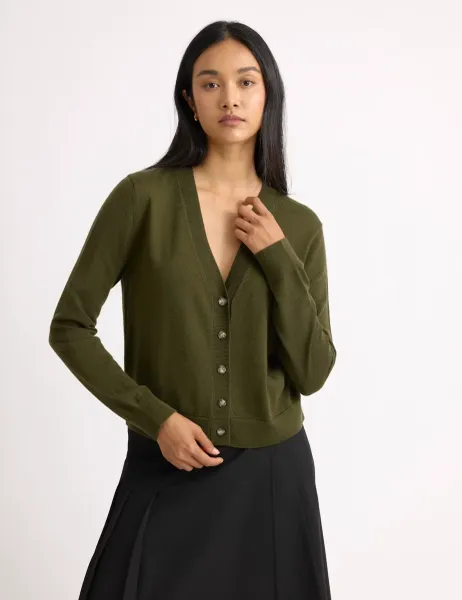Albaray Pure Merino Wool V-Neck Button Front Cardigan Green