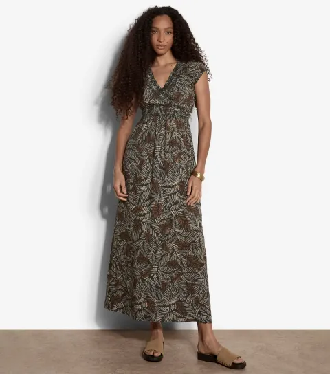 Women's Green Leaf Print V-Neck Maxi Dress