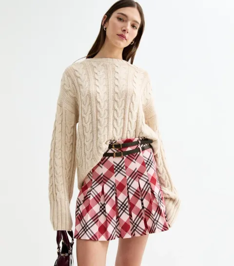 Women's Red Checked Pleated Mini Belted Skirt