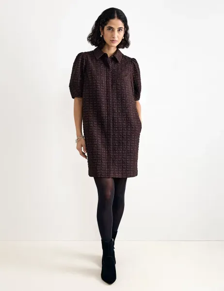 Textured Mini Skater Dress Brown
