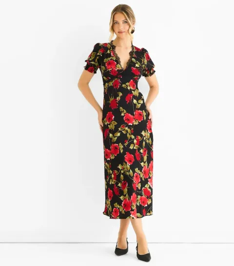 Women's Black Floral Lace Trim Midi Dress