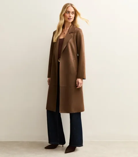 New Look Women's Dark Brown Faux Suede Belted Duster Coat