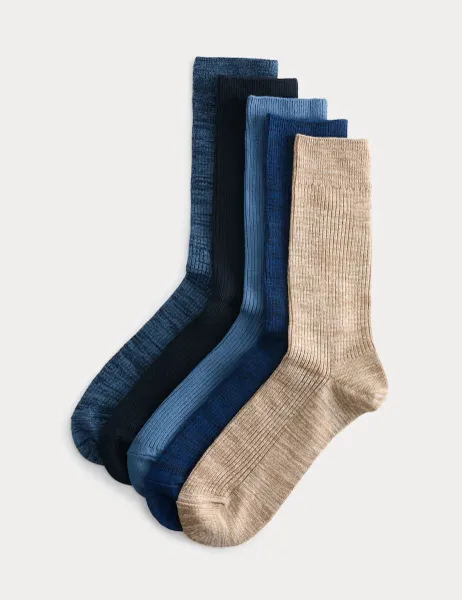 Marks & Spencer 5 Pack Cotton Rich Ribbed Socks Denim Mix