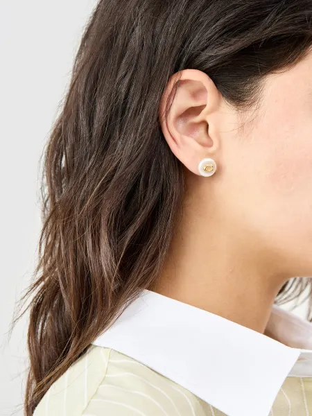 Coach Logo Pearl Stud Earrings
