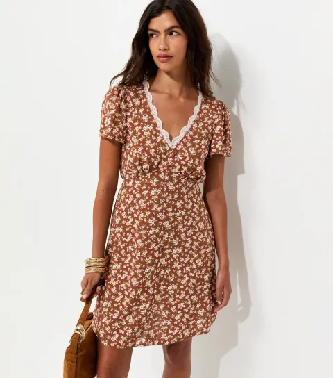Women's Orange Woven Ditsy Print Lace Trim Mini Tea Dress