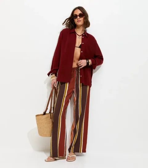 Women's Brown Striped Drawstring Wide Leg Trousers