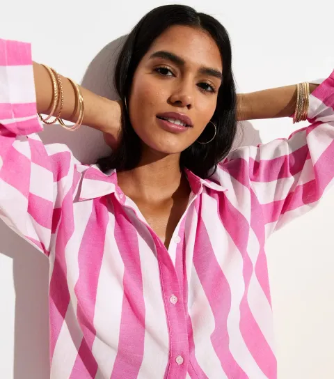 Women's Bright Pink Bold Stripe Beach Shirt