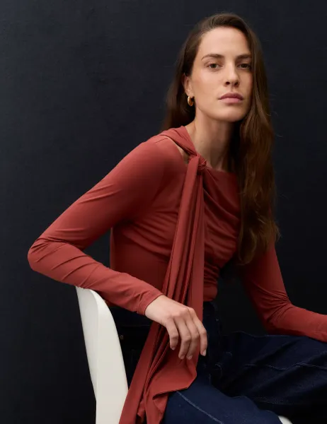 Autograph Slim Fit Asymmetric Tie Neck Top Spice
