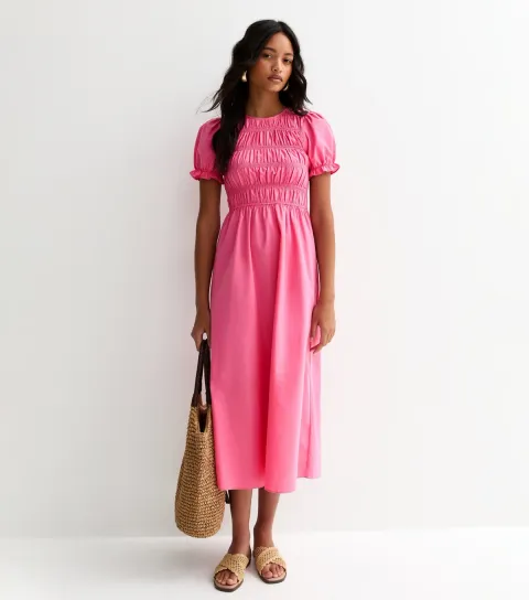 Women's Bright Pink Shirred Poplin Midi Dress