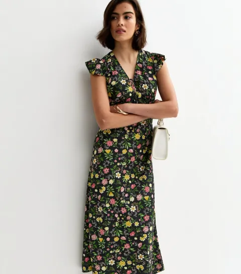 Women's Black Floral Tie Front Midi Dress