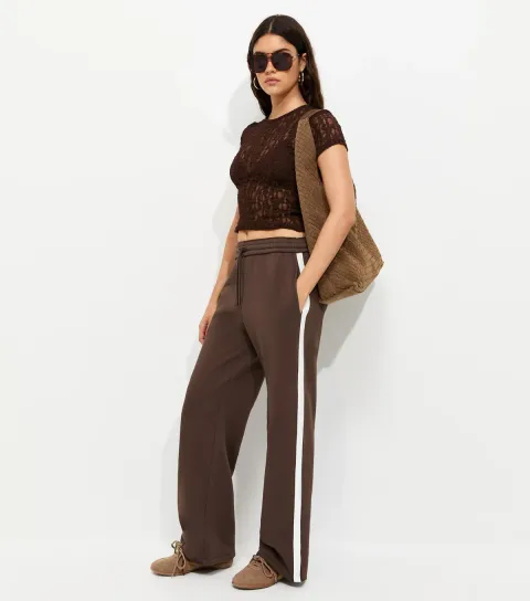 Women's Dark Brown Side Stripe Wide Leg Joggers