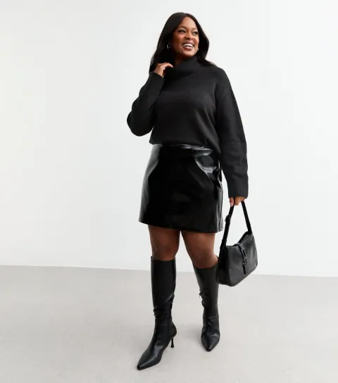 Women's Plus Size Black Vinyl Faux Leather A-Line Mini Skirt Curves