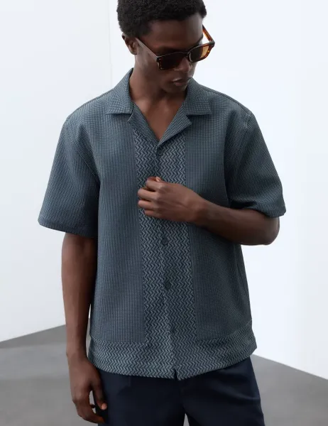 Autograph Geometric Jacquard Short Sleeve Shirt Navy Mix
