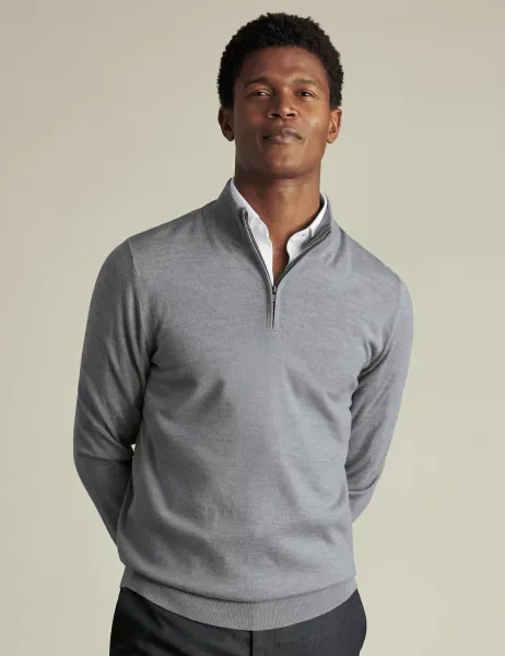 Charles Tyrwhitt Pure Merino Wool Half Zip Jumper Light Grey