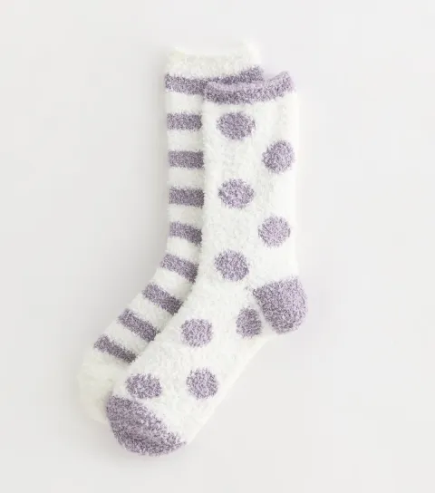 Pack of 2 Purple and White Spot And Stripe Cosy Knit Socks
