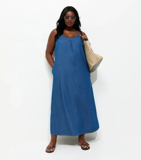 Women's Plus Size Mid Blue Trapeze Midi Dress Curves