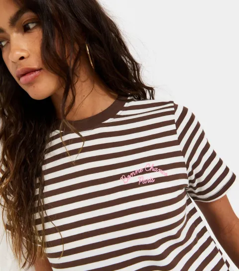 Women's Brown Striped Bonne Chance Embroidered T-Shirt