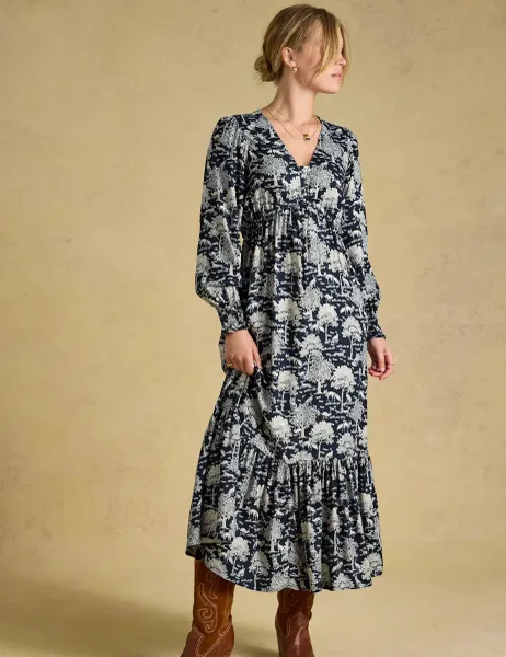 Joules V Neck Long Sleeve Printed Midi Dress