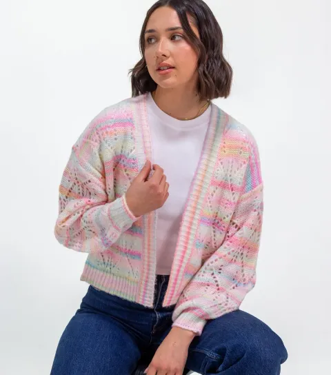 Sunshine Soul Women's Light Pink Striped Pointelle Knit Cardigan