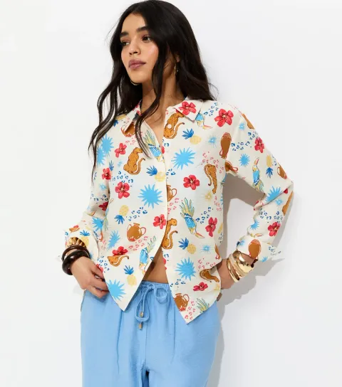 Women's Multicoloured Animal Floral Print Long Sleeve Shirt