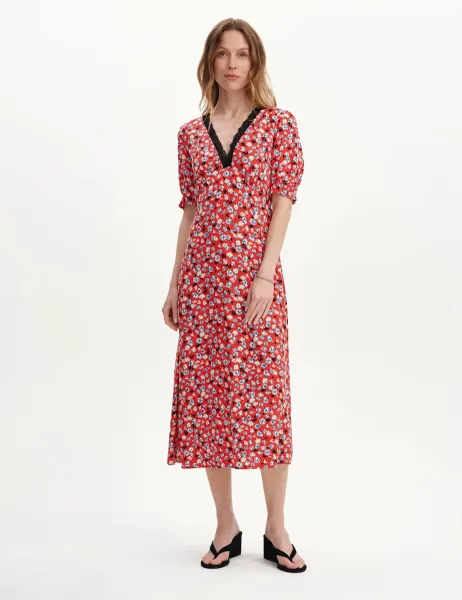 Finery London Floral V-Neck Midi Tea Dress Red Mix