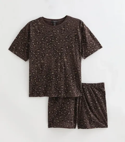 New Look Women's Tall Cotton Brown Leopard Print T-Shirt and Shorts Pyjama Set