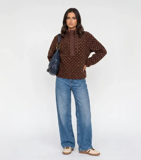 Urban Bliss Women's Brown Patterned Half Placket Fleece Jumper