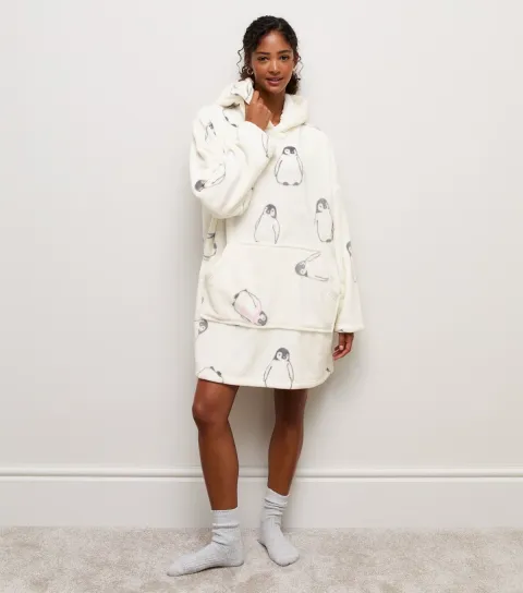 New Look Women's Cream Penguin Pattern Plush Onesie Hoodie