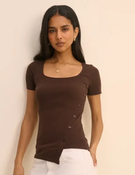 Nobody's Child Cotton Rich Ribbed Square Neck Asymmetric Fitted T-Shirt Brown