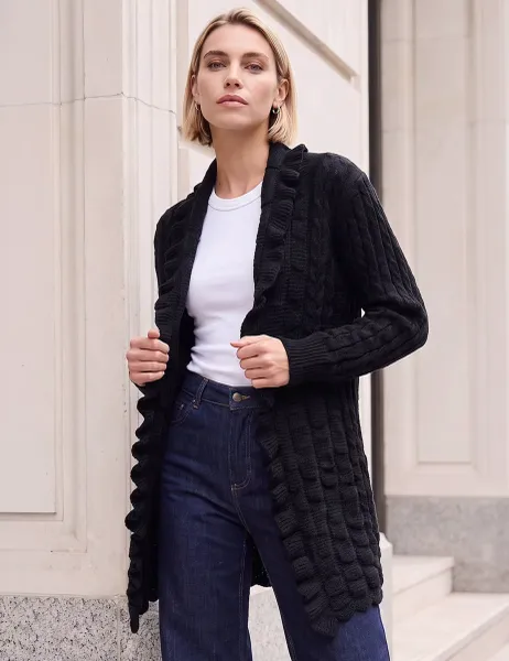 Roman Longline Ruffle Detail Cardigan Black