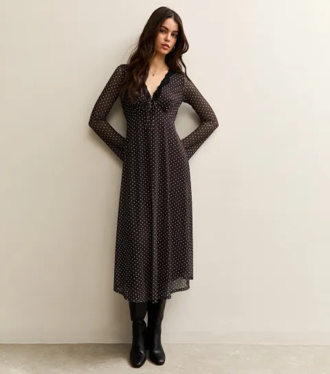 Women's Burgundy Polka Dot Long Sleeve Lace Mesh Midi Dress