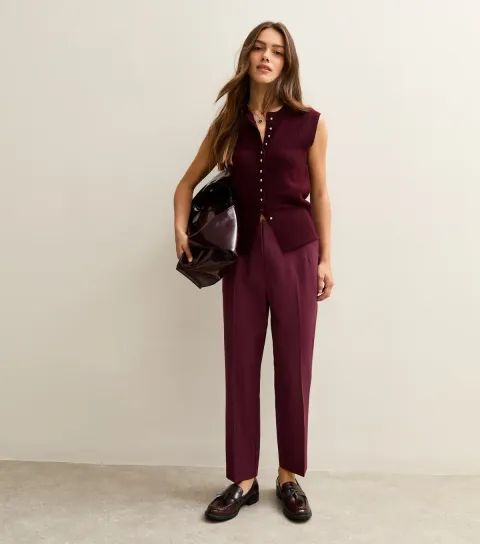 New Look Women's Petite Burgundy Pressed Crease Tapered Trousers