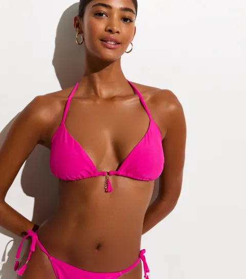 Women's Bright Pink Tassel Trim Removable Padding Triangle Bikini Top