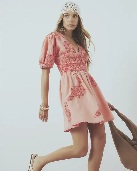River Island Cotton Short Sleeve Cornelli Mini Dress