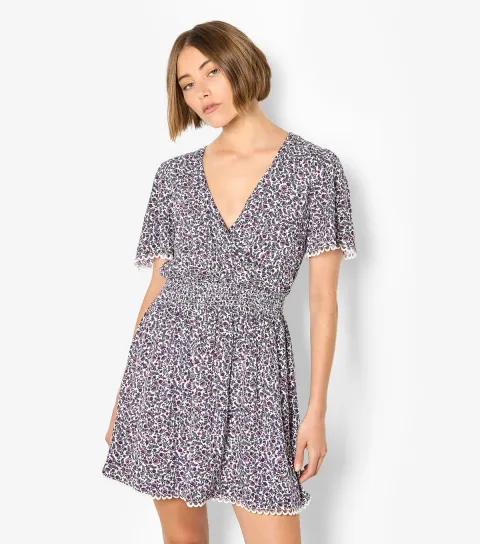Women's Purple Ditsy Floral Wrap Mini Dress