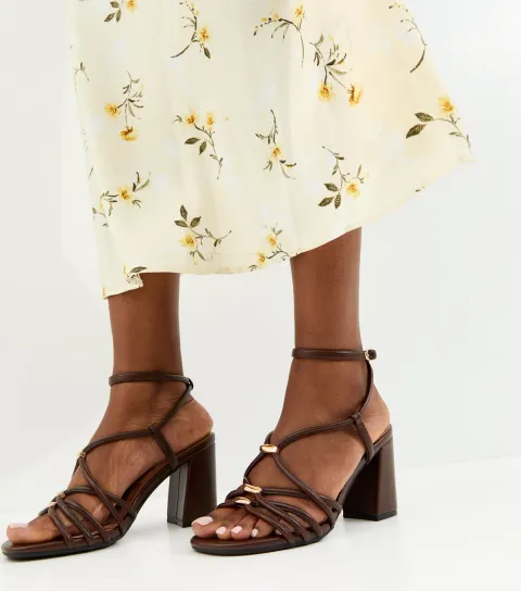 Women's Dark Brown Faux Leather Strappy Hardware Block Heel Sandals Vegan