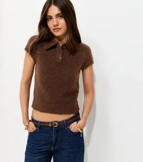 Women's Dark Brown Brushed Knit Short Sleeve Polo Top