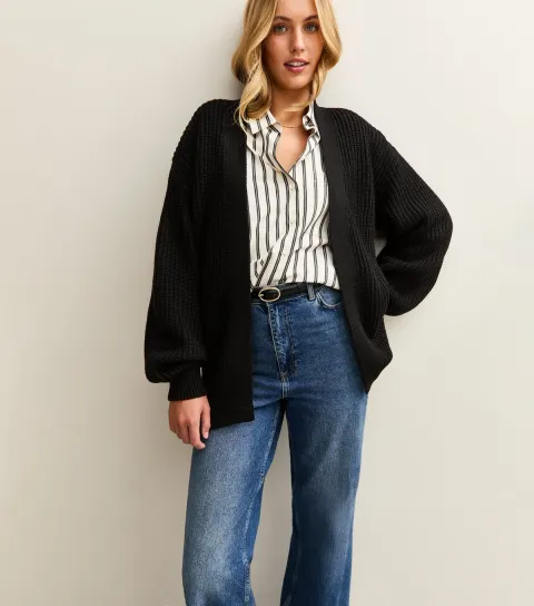 Women's Tall Black Ribbed Knit Balloon Sleeve Long Cardigan