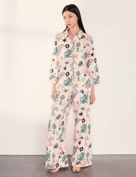 Chelsea Peers Jersey Ikat Print Wide Leg Pyjama Set Light Cream